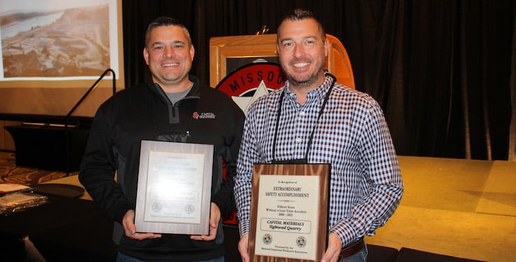 Capital Quarries’ Jamie Jones, left, and Capital Materials’ Chris Williams were on-hand at the Missouri Limestone Producers Association’s (MLPA) annual convention to receive safety awards for their respective operations.